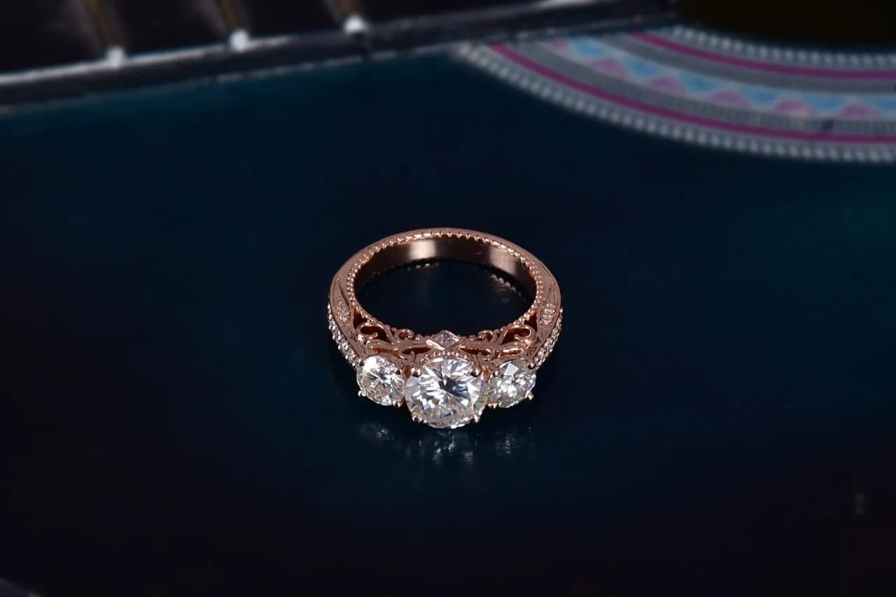 Three Stone Moissanite Engagement Ring 14k Rose Gold Vintage Diamond Wedding for women art deco Ring center 7.5mm  side stone 5mm on Etsy