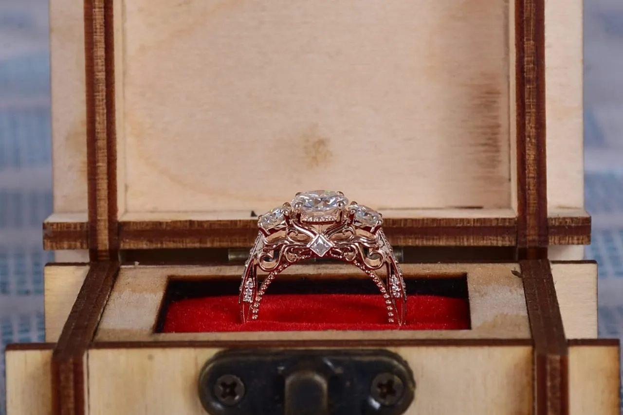 Three Stone Moissanite Engagement Ring 14k Rose Gold Vintage Diamond Wedding for women art deco Ring center 7.5mm  side stone 5mm on Etsy