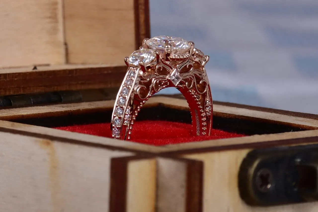 Three Stone Moissanite Engagement Ring 14k Rose Gold Vintage Diamond Wedding for women art deco Ring center 7.5mm  side stone 5mm on Etsy