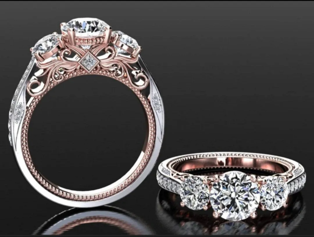 Three Stone Moissanite Engagement Ring 14k Rose Gold Vintage Diamond Wedding for women art deco Ring center 7.5mm  side stone 5mm on Etsy
