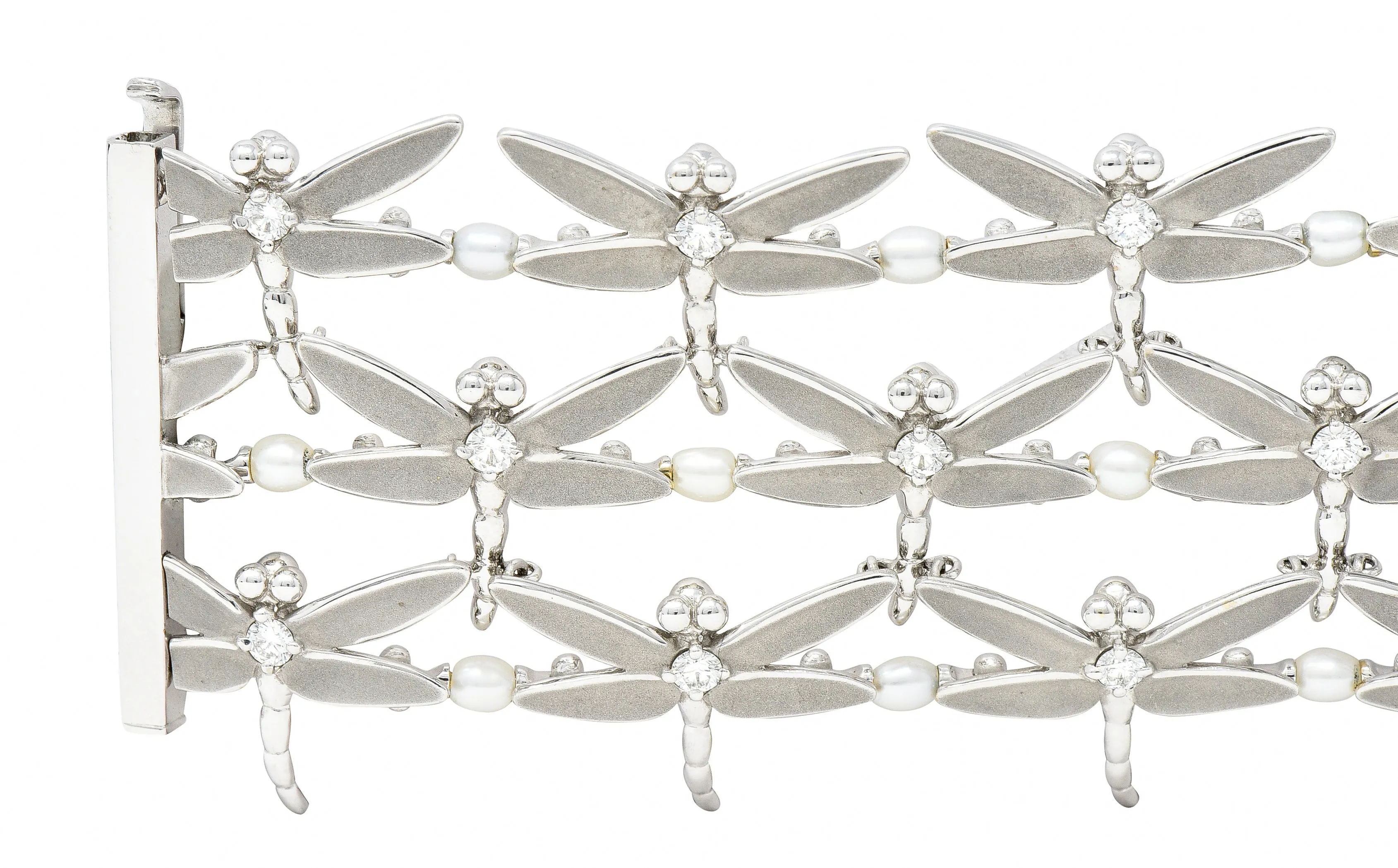 Tiffany & Co. Diamond Pearl Enamel 18 Karat White Gold Dragonfly Link Bracelet