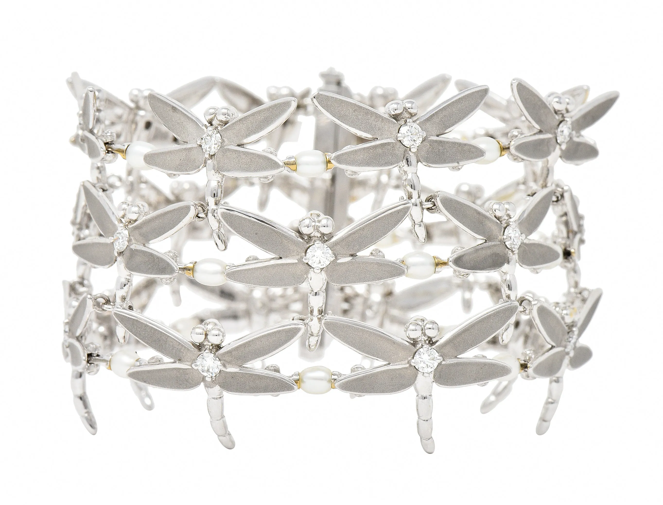 Tiffany & Co. Diamond Pearl Enamel 18 Karat White Gold Dragonfly Link Bracelet