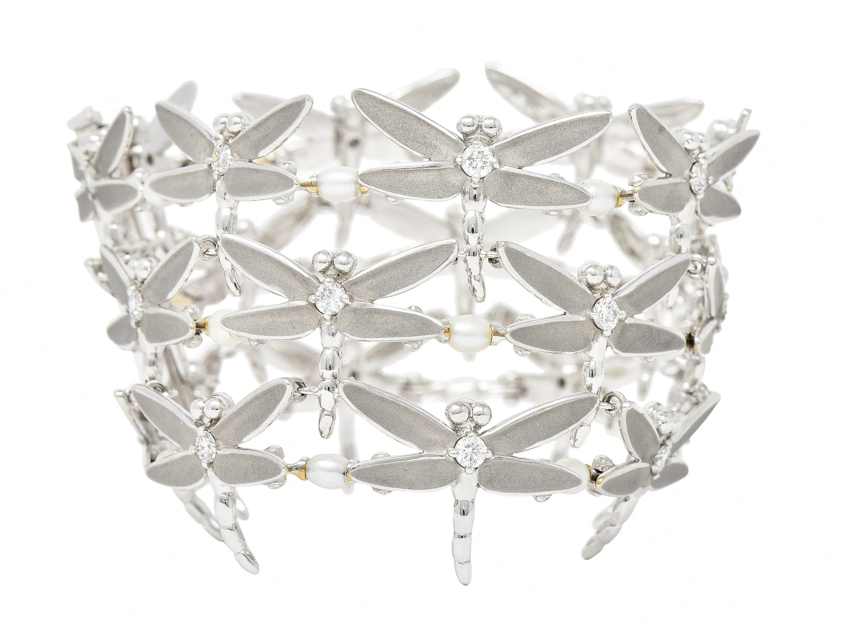 Tiffany & Co. Diamond Pearl Enamel 18 Karat White Gold Dragonfly Link Bracelet