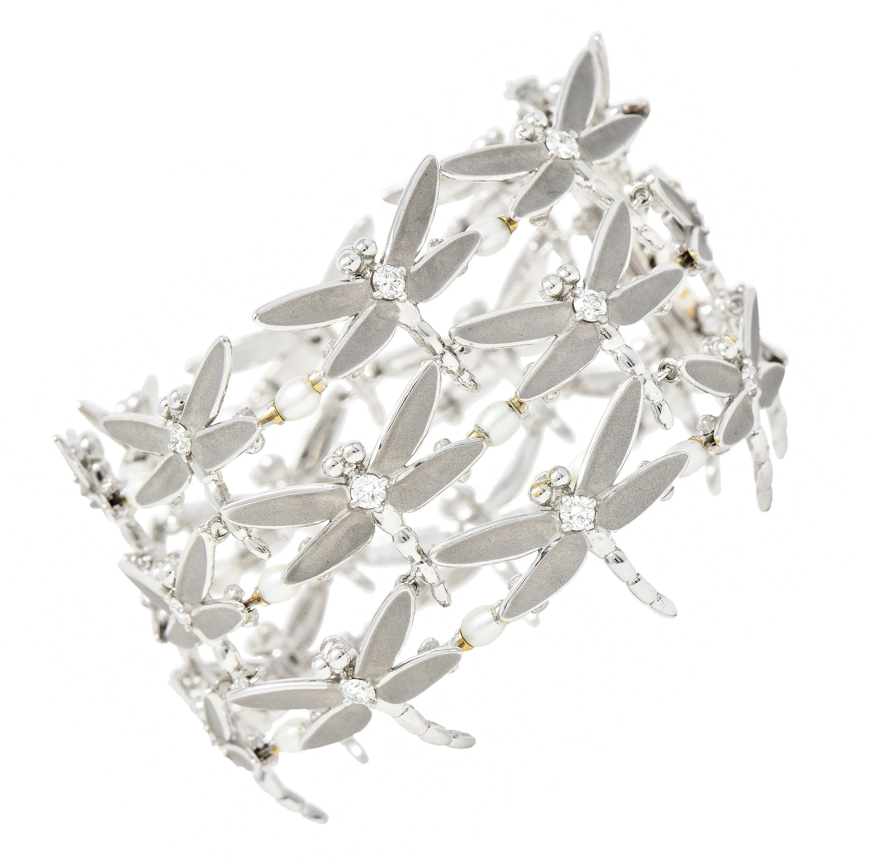 Tiffany & Co. Diamond Pearl Enamel 18 Karat White Gold Dragonfly Link Bracelet