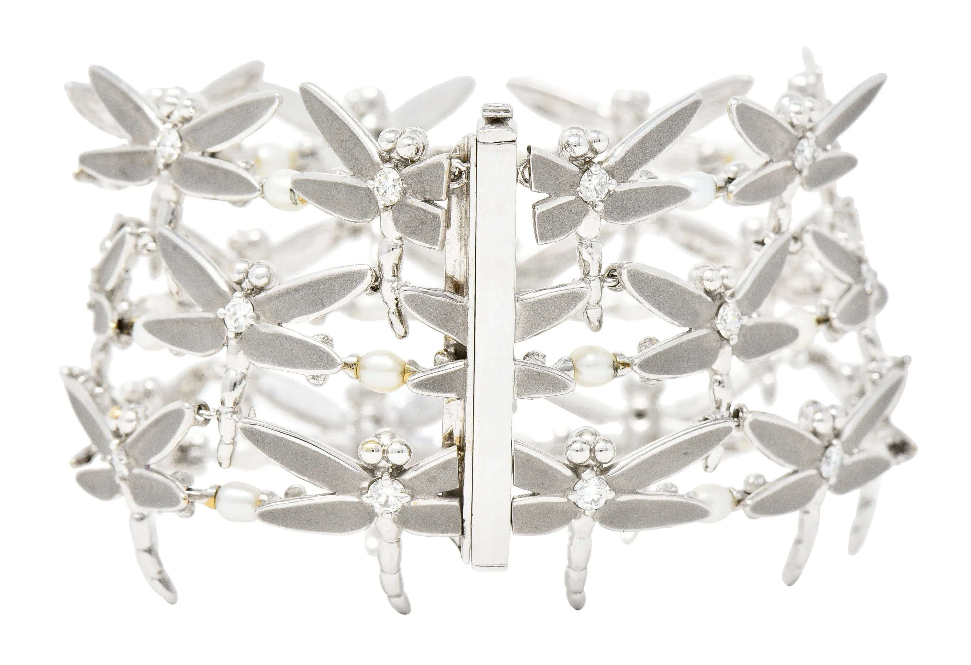 Tiffany & Co. Diamond Pearl Enamel 18 Karat White Gold Dragonfly Link Bracelet