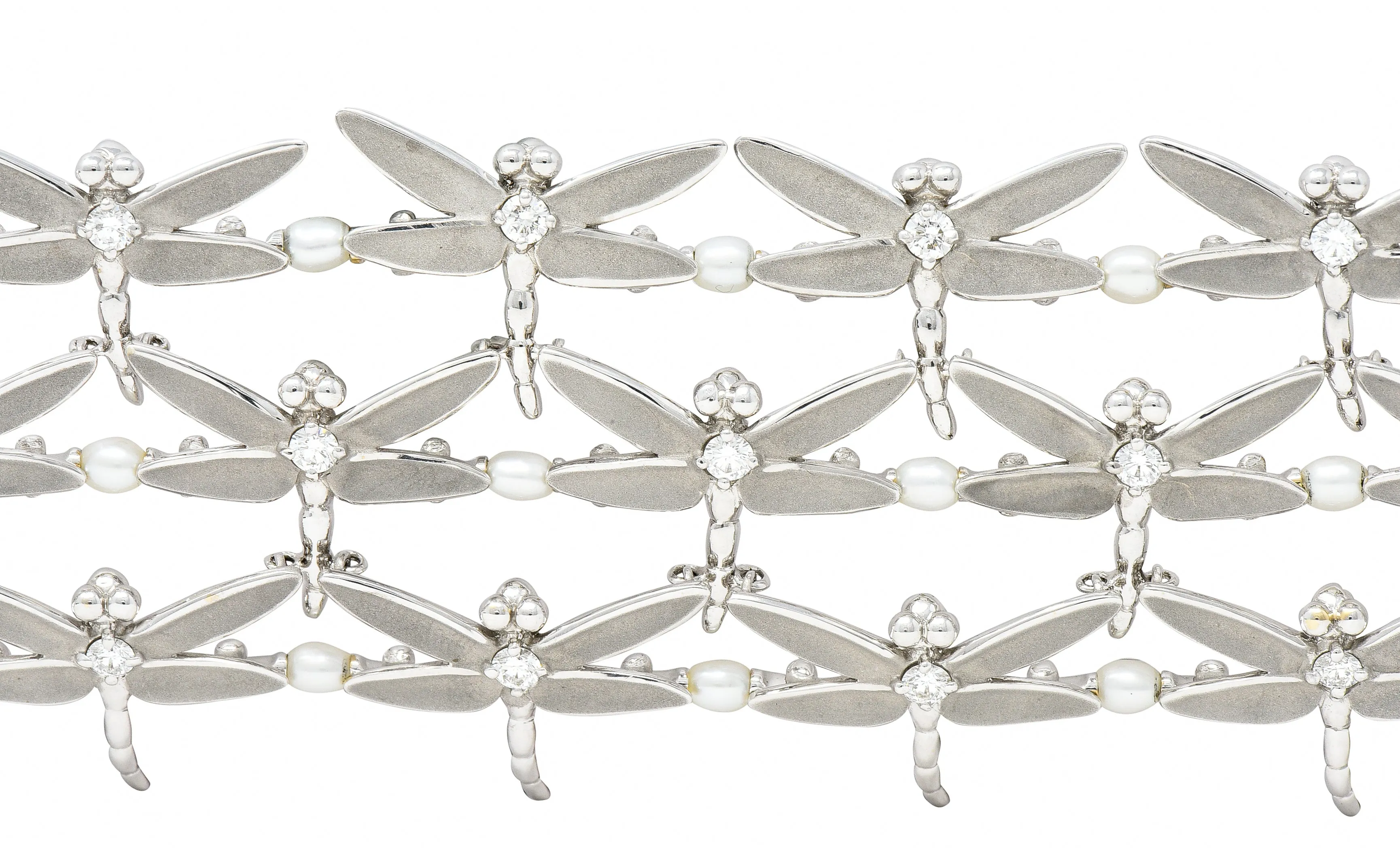 Tiffany & Co. Diamond Pearl Enamel 18 Karat White Gold Dragonfly Link Bracelet