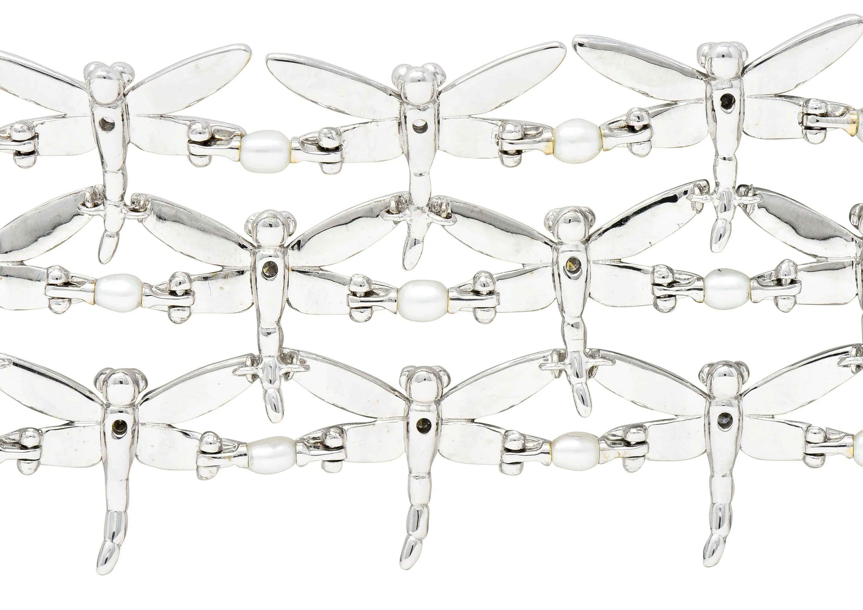 Tiffany & Co. Diamond Pearl Enamel 18 Karat White Gold Dragonfly Link Bracelet