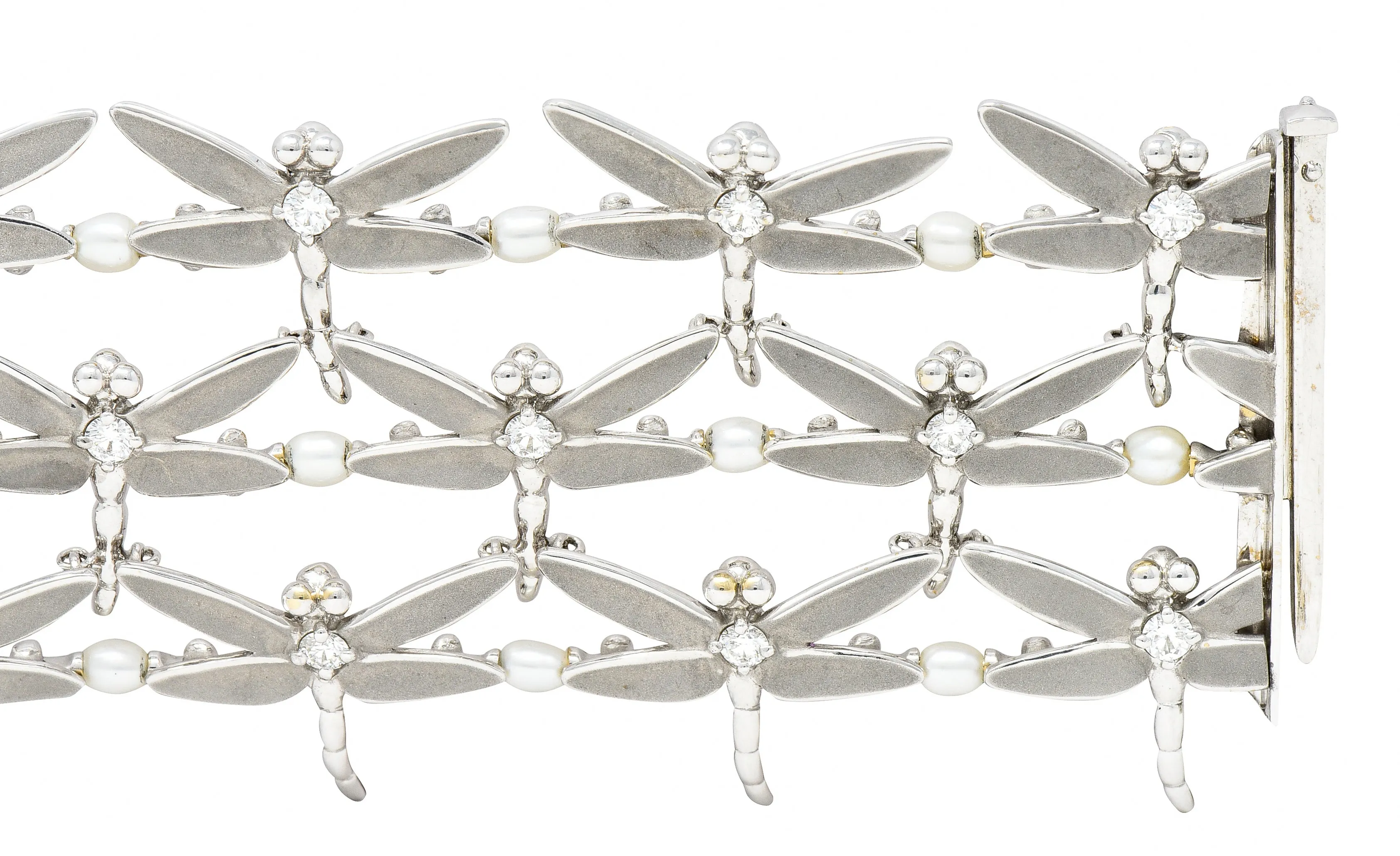 Tiffany & Co. Diamond Pearl Enamel 18 Karat White Gold Dragonfly Link Bracelet