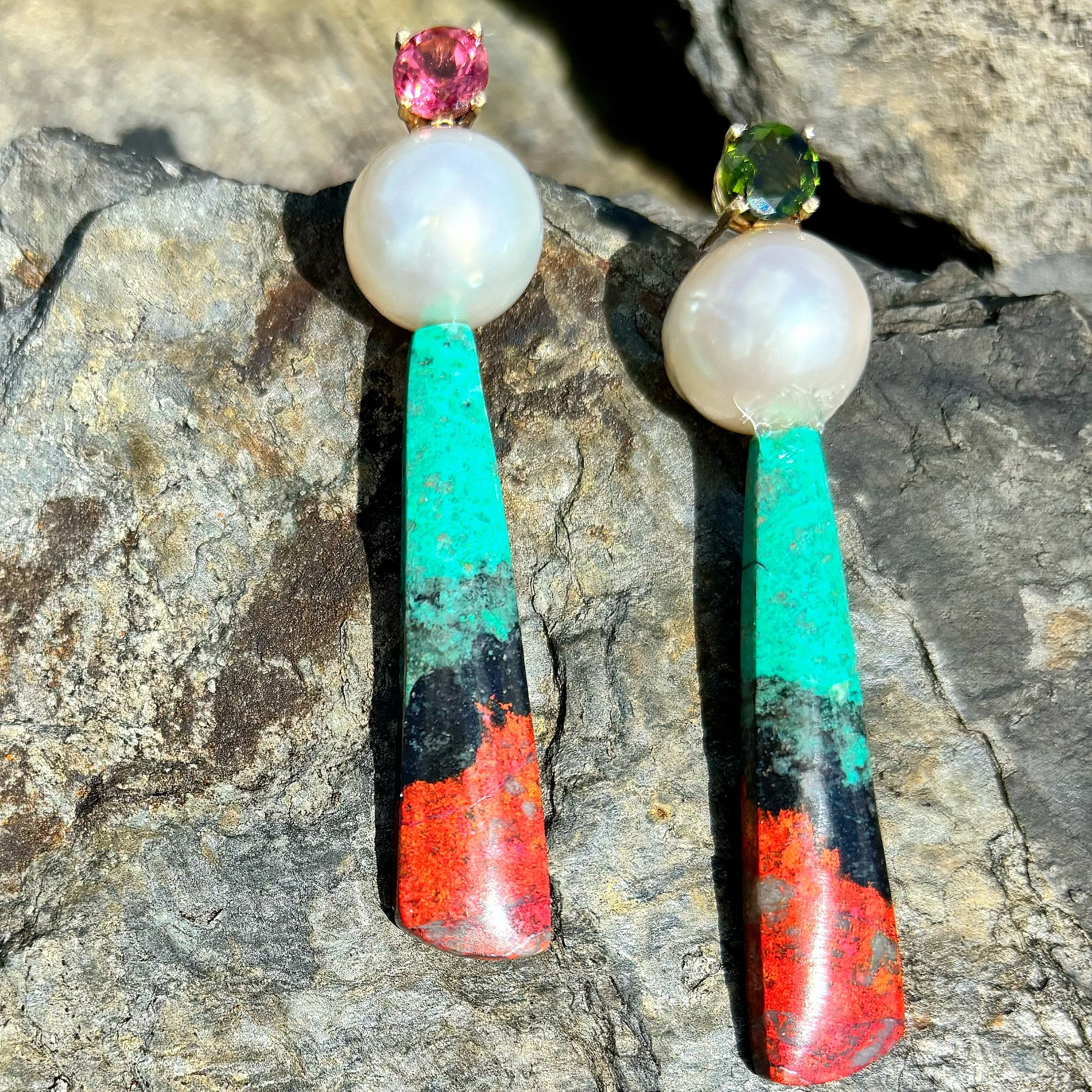 Tourmalines, White South Sea Pearl and Sonoran Sunrise Earrings