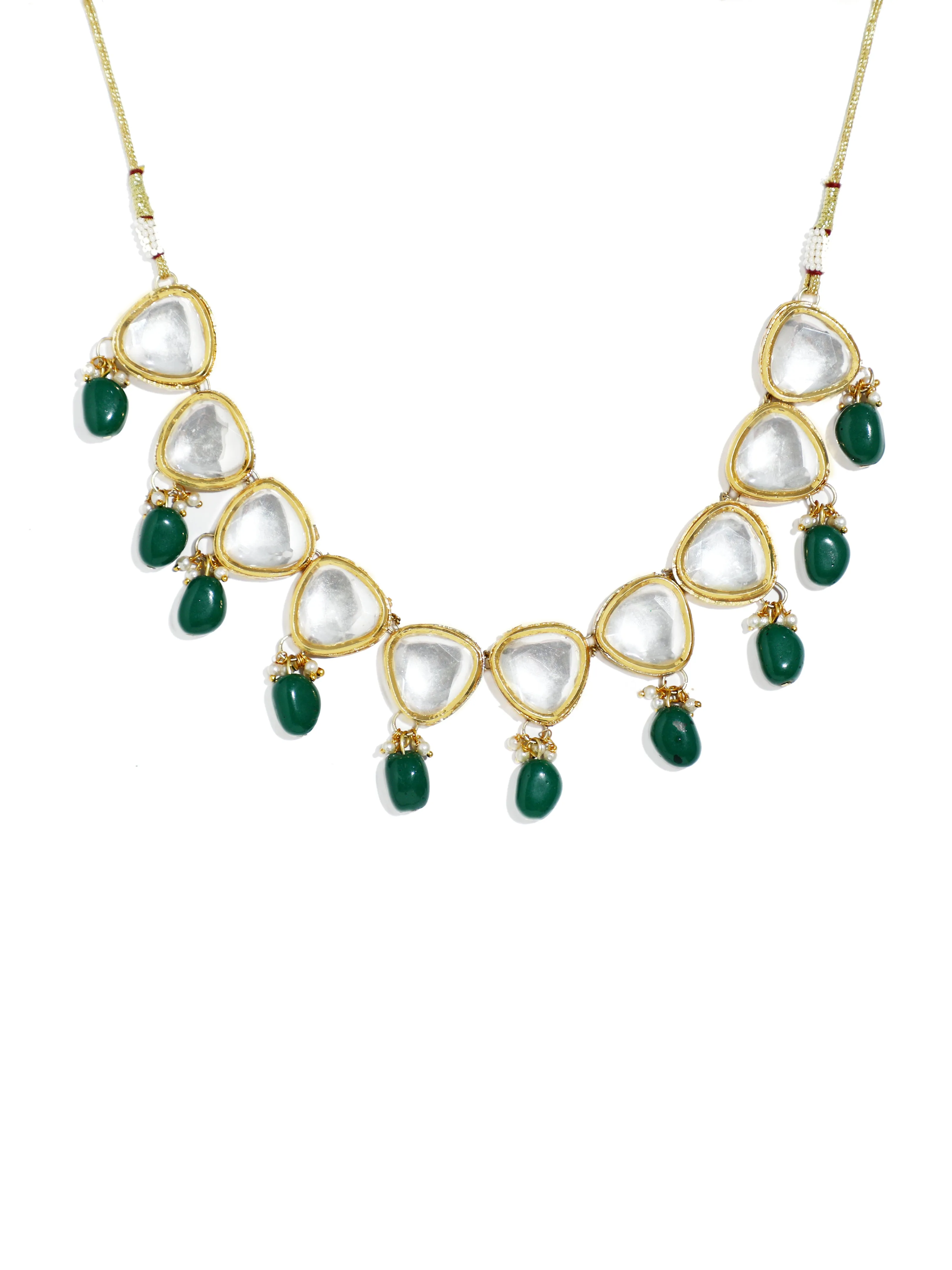 Traditional Gold Plated Green Beads Polki Kundan Necklace Set