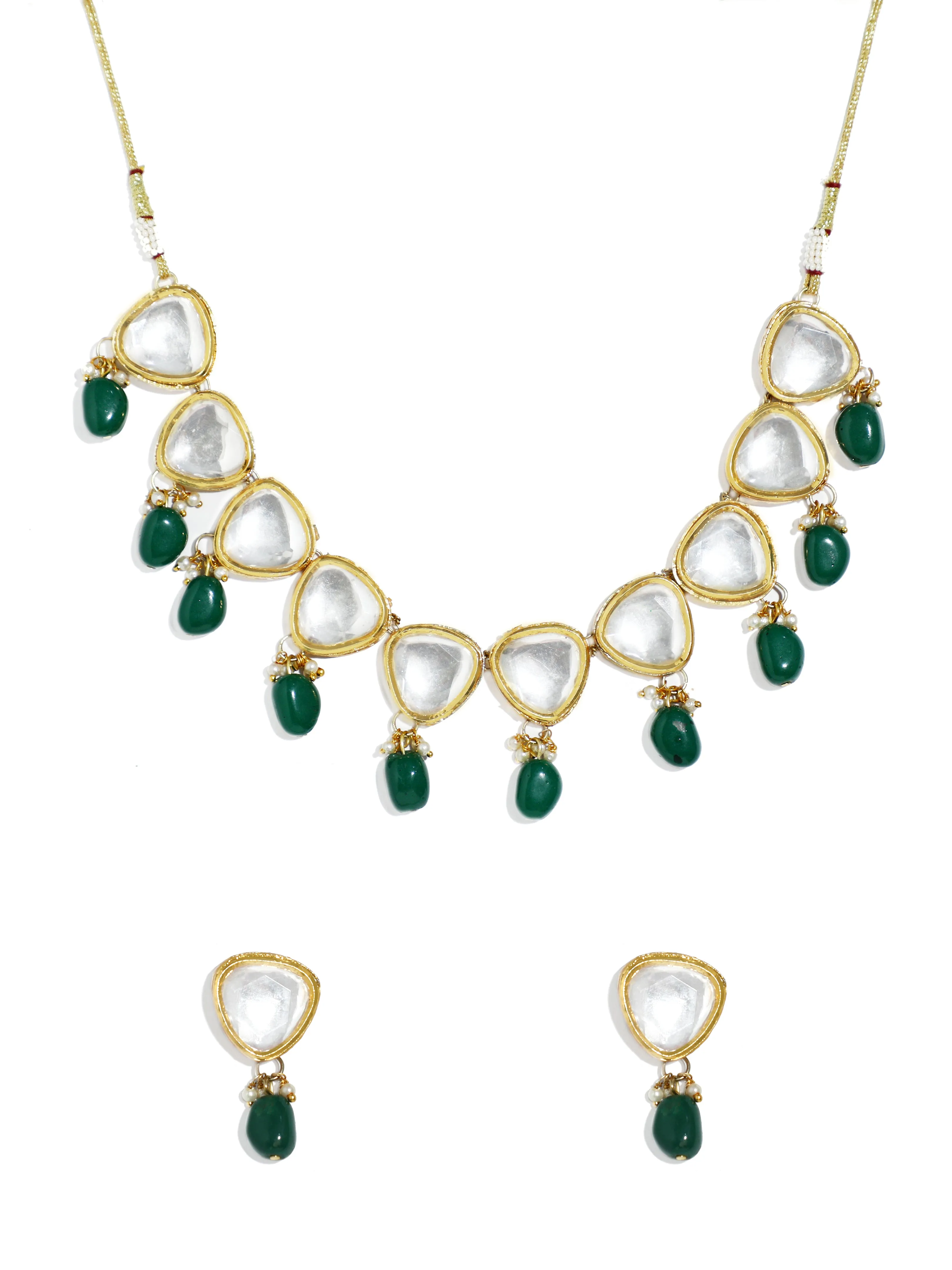 Traditional Gold Plated Green Beads Polki Kundan Necklace Set