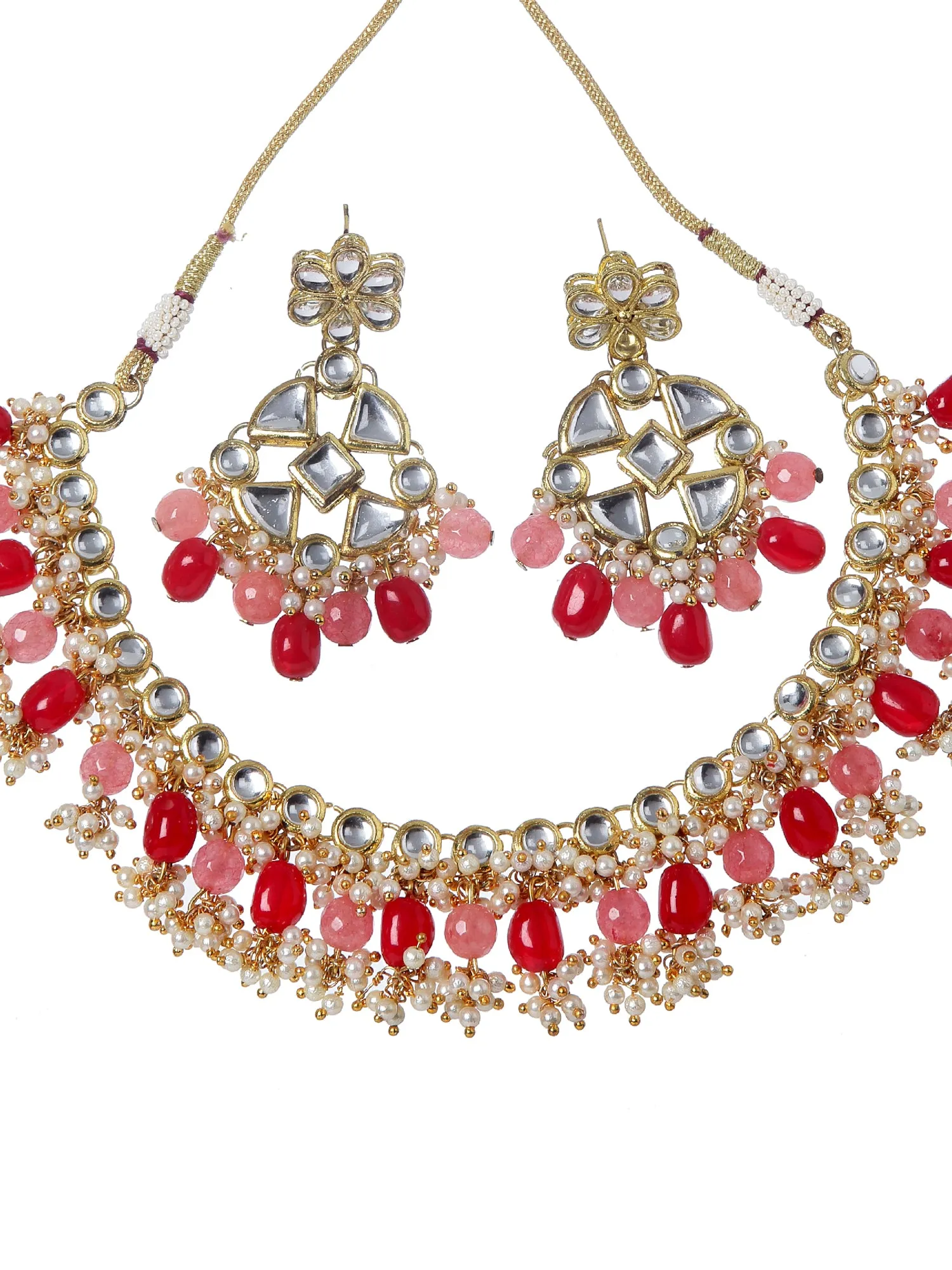 Traditional Gold Plated Kundan & Red Tumble Stone Studded Necklace Set