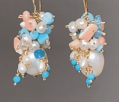 Turquoise Coral Pearl Cluster Earrings 2