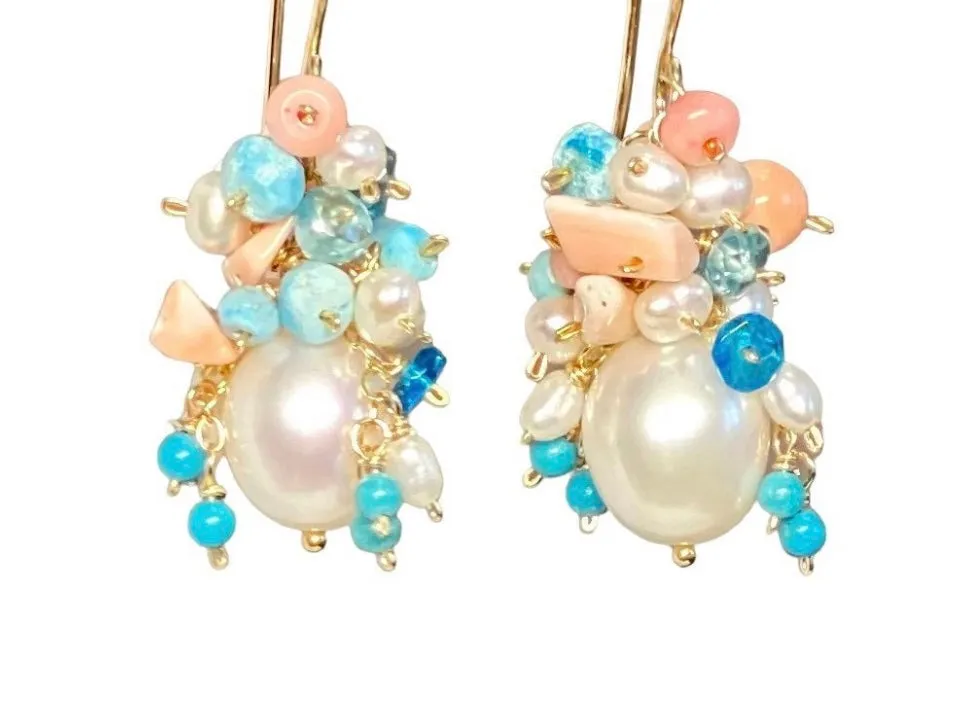 Turquoise Coral Pearl Cluster Earrings 2