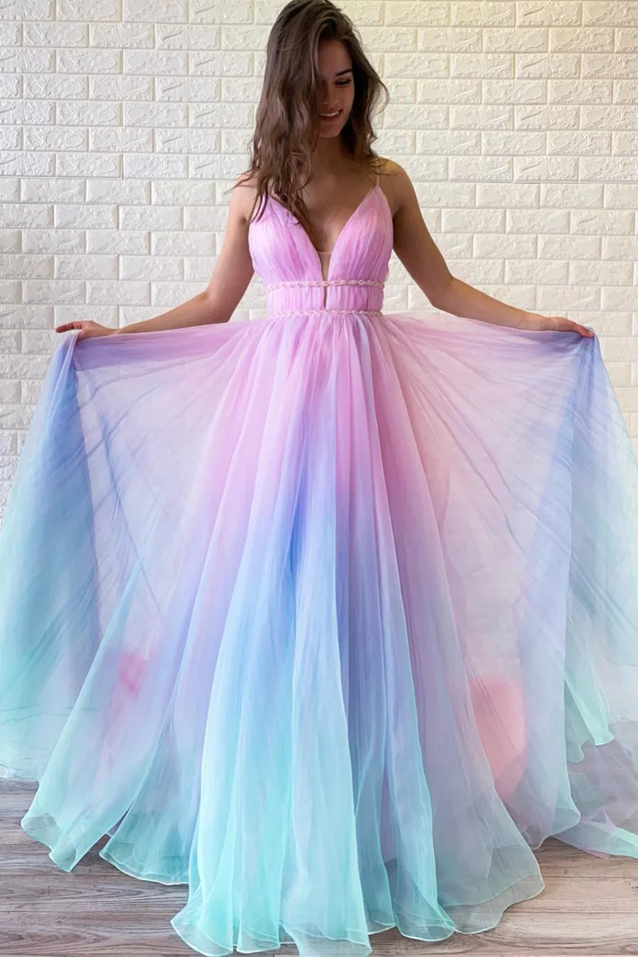 V-Back Beading Multi-Colored Long Prom Dress