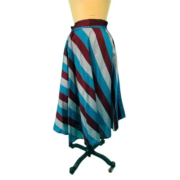 Vintage 1980s Stripe Skirt Blue Gray Burgundy Striped | W 25-30&quot;