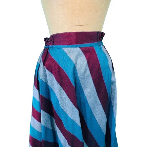 Vintage 1980s Stripe Skirt Blue Gray Burgundy Striped | W 25-30&quot;