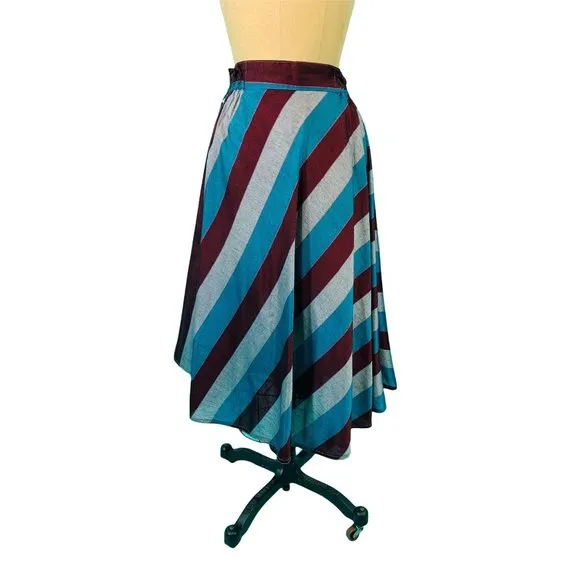 Vintage 1980s Stripe Skirt Blue Gray Burgundy Striped | W 25-30&quot;