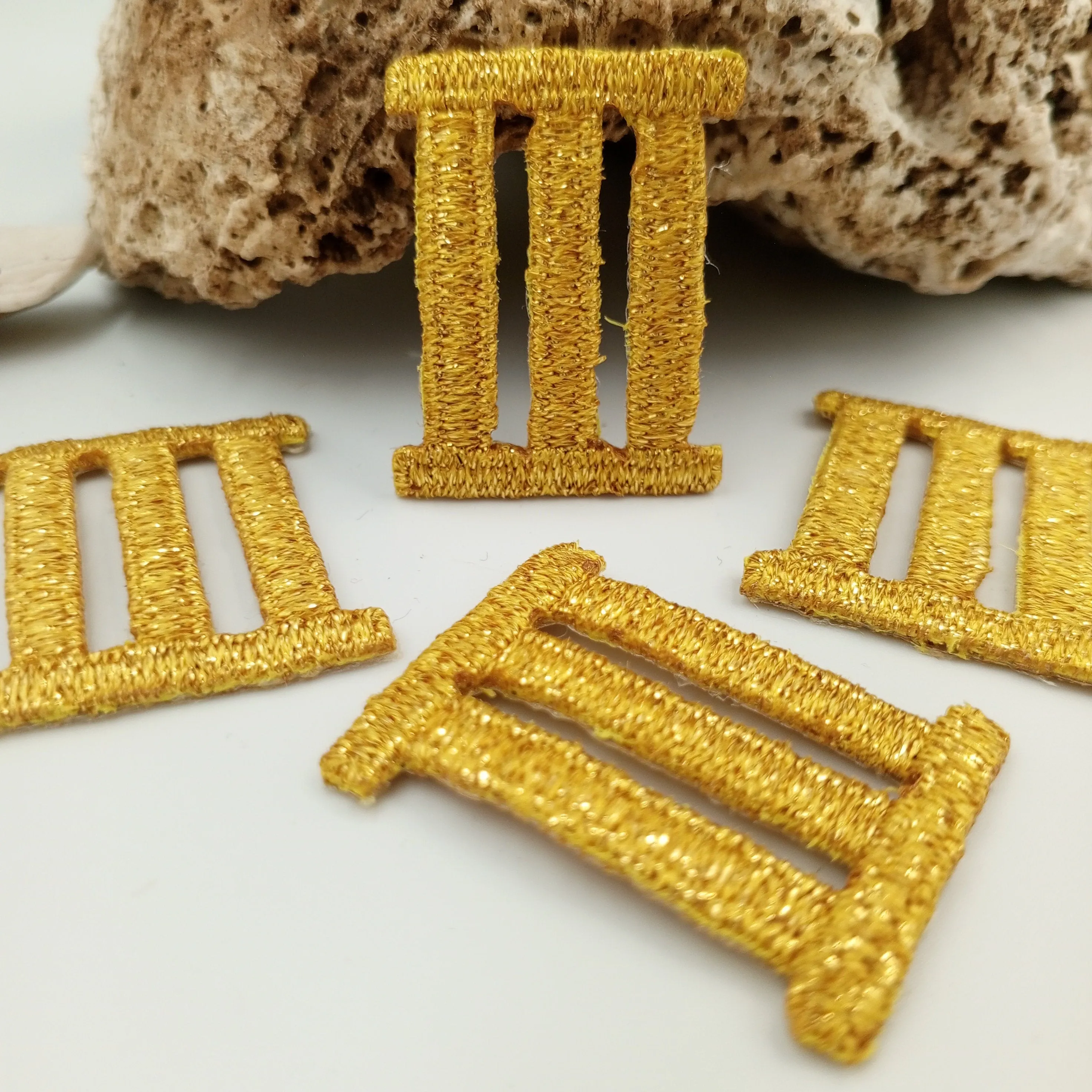 VINTAGE Badge Patches metallic gold Roman Numeral Three Embroidered Appliques #771