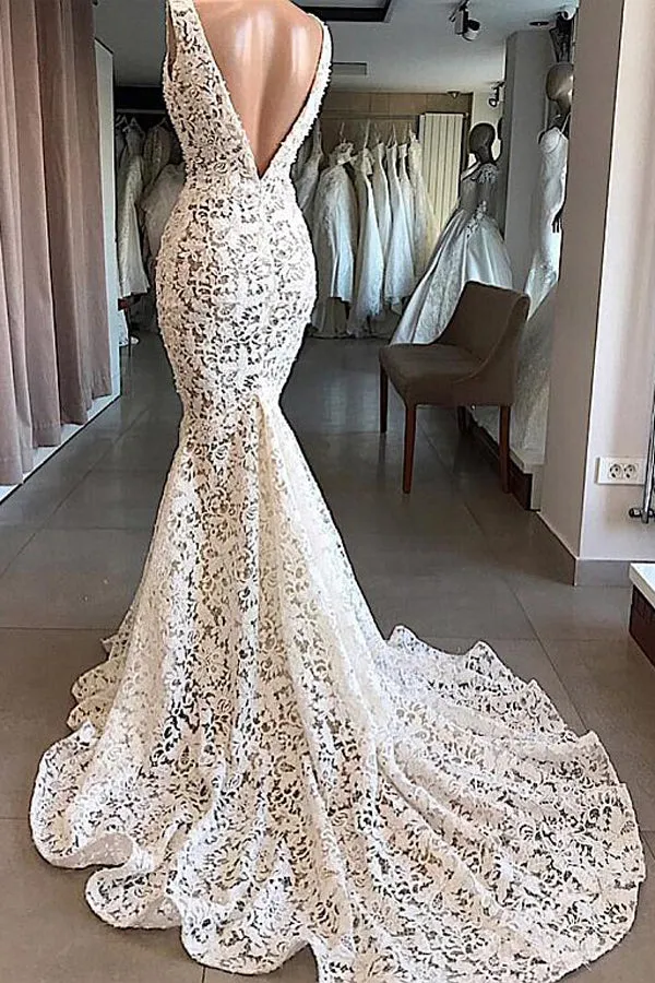 Vintage Mermaid V-neck Open Back Ivory Lace Wedding Dresses, Elegant Wedding Gown,MW405