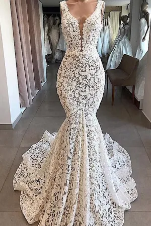 Vintage Mermaid V-neck Open Back Ivory Lace Wedding Dresses, Elegant Wedding Gown,MW405