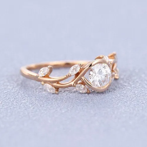 Vintage Moissanite engagement ring leaf flower ring alternative ring rose gold ring art deco promise ring prong set unique anniversary ring