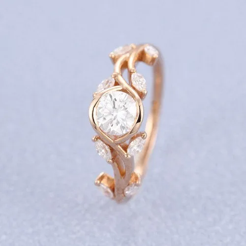 Vintage Moissanite engagement ring leaf flower ring alternative ring rose gold ring art deco promise ring prong set unique anniversary ring