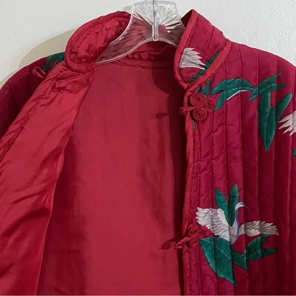 Vintage Quilted Maroon Red Quilted Jacket Band Collar Asian Inspired Birds