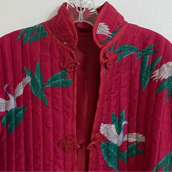 Vintage Quilted Maroon Red Quilted Jacket Band Collar Asian Inspired Birds