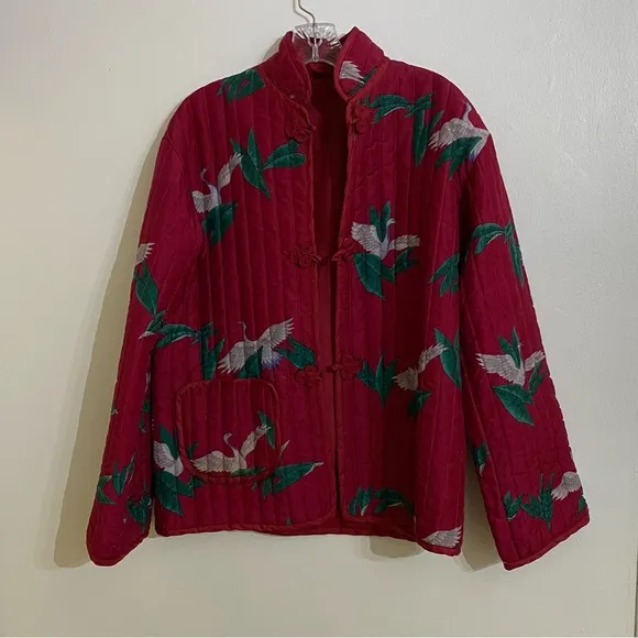 Vintage Quilted Maroon Red Quilted Jacket Band Collar Asian Inspired Birds
