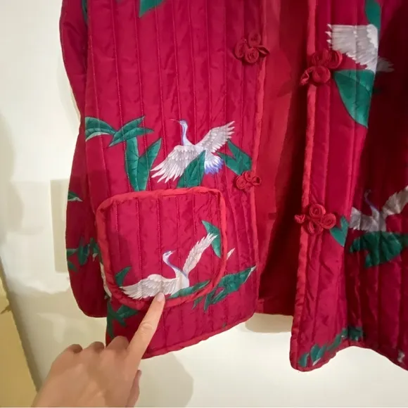 Vintage Quilted Maroon Red Quilted Jacket Band Collar Asian Inspired Birds
