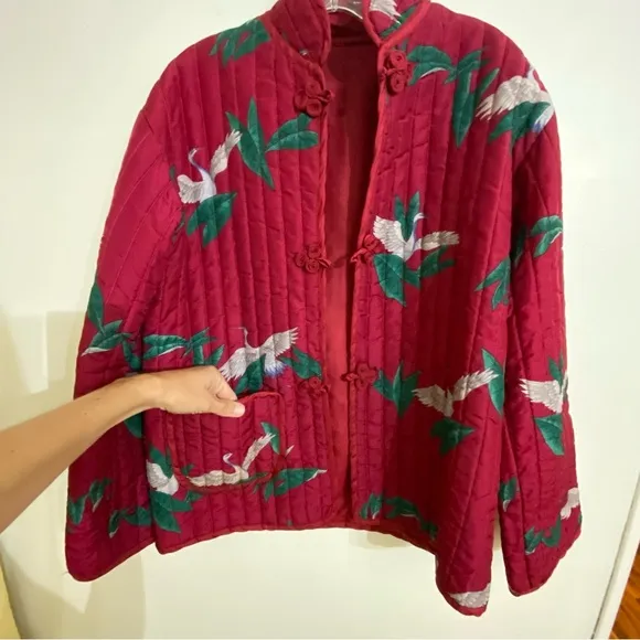 Vintage Quilted Maroon Red Quilted Jacket Band Collar Asian Inspired Birds