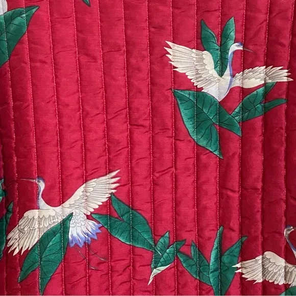 Vintage Quilted Maroon Red Quilted Jacket Band Collar Asian Inspired Birds