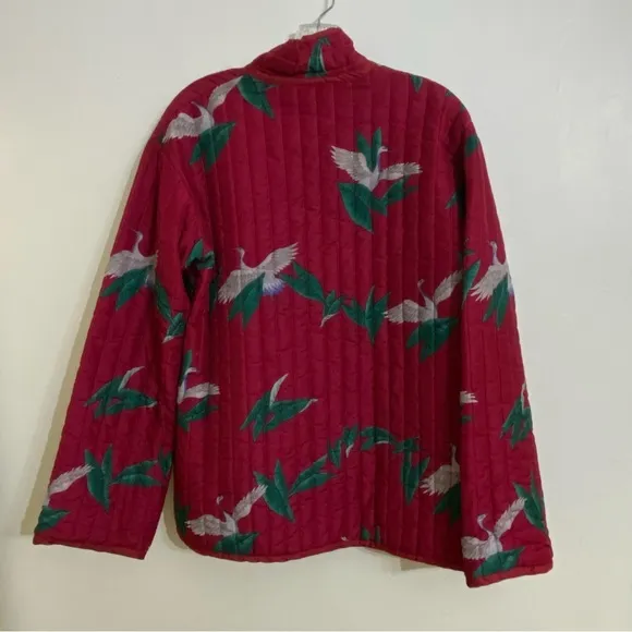 Vintage Quilted Maroon Red Quilted Jacket Band Collar Asian Inspired Birds