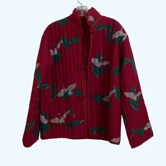 Vintage Quilted Maroon Red Quilted Jacket Band Collar Asian Inspired Birds
