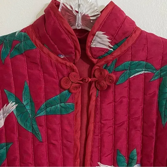 Vintage Quilted Maroon Red Quilted Jacket Band Collar Asian Inspired Birds