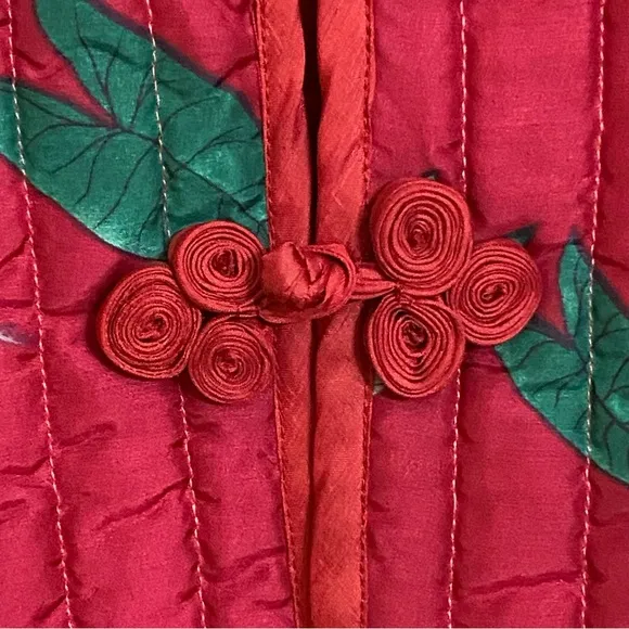 Vintage Quilted Maroon Red Quilted Jacket Band Collar Asian Inspired Birds