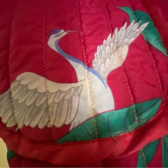 Vintage Quilted Maroon Red Quilted Jacket Band Collar Asian Inspired Birds