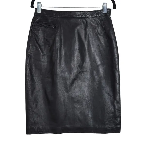 Vintage Rem Garson Pencil Skirt Womens 6 Black Leather Lined Pocket Side Zip