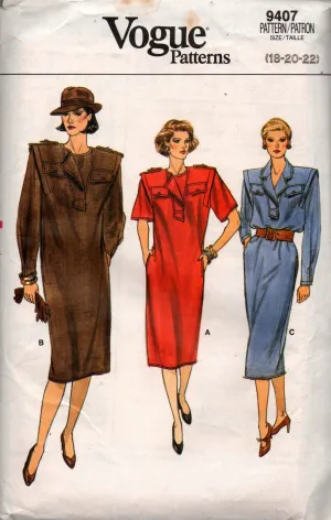 Vogue 9407 Womens Shirtdress with Pocket Flaps 1980s Vintage Sewing Pattern Size 18 - 22