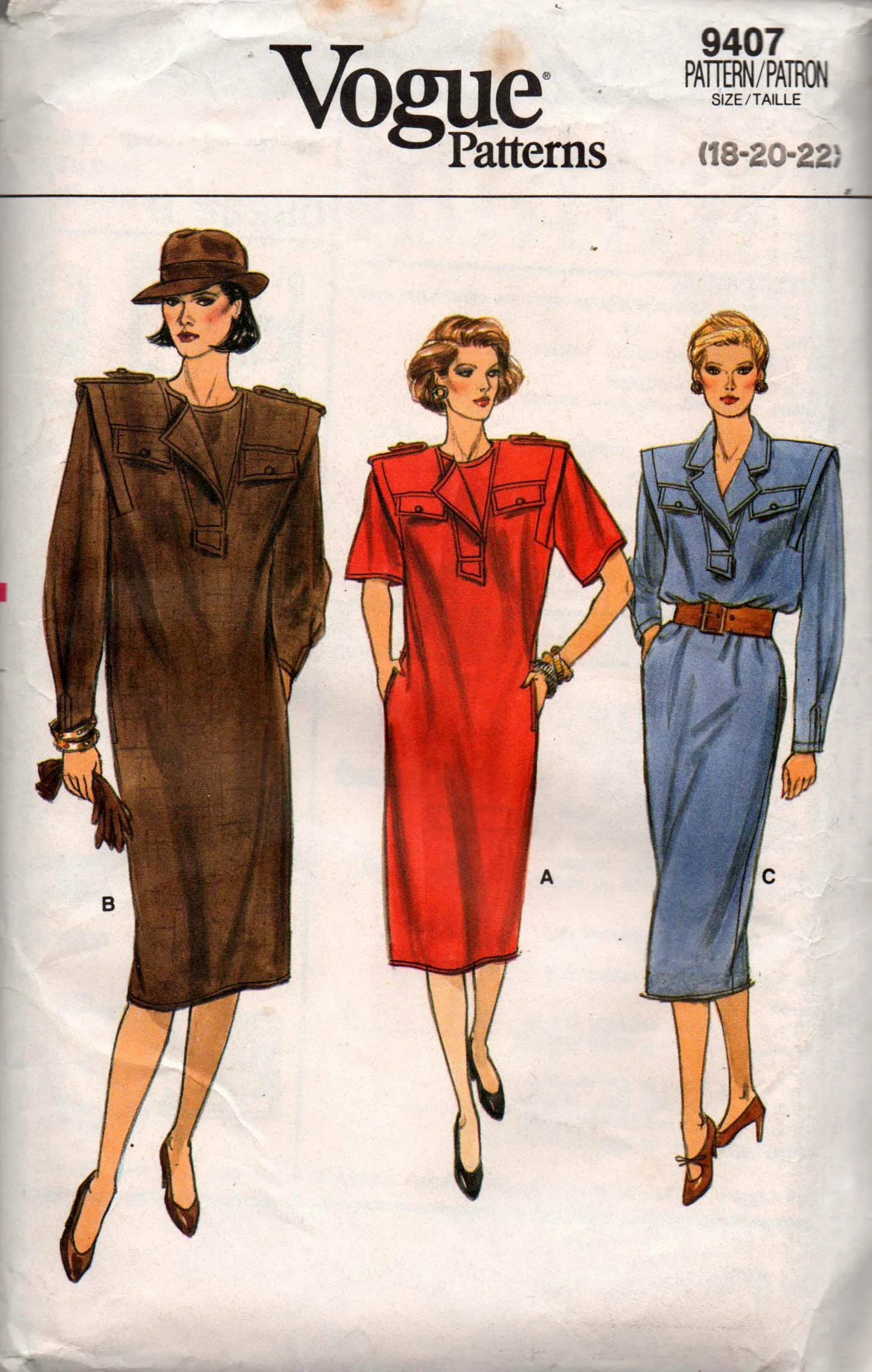 Vogue 9407 Womens Shirtdress with Pocket Flaps 1980s Vintage Sewing Pattern Size 18 - 22