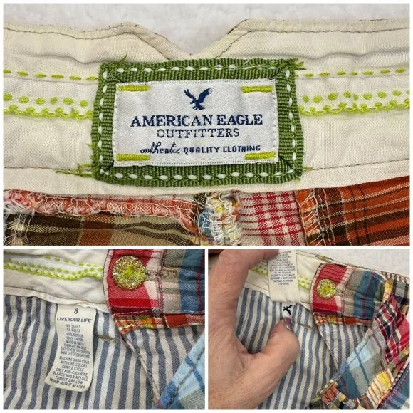 VTG Y2K American Eagle Bermuda Shorts Madras Plaid Patchwork Boho Womens 8