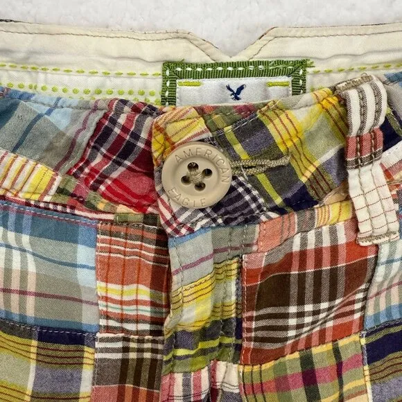 VTG Y2K American Eagle Bermuda Shorts Madras Plaid Patchwork Boho Womens 8