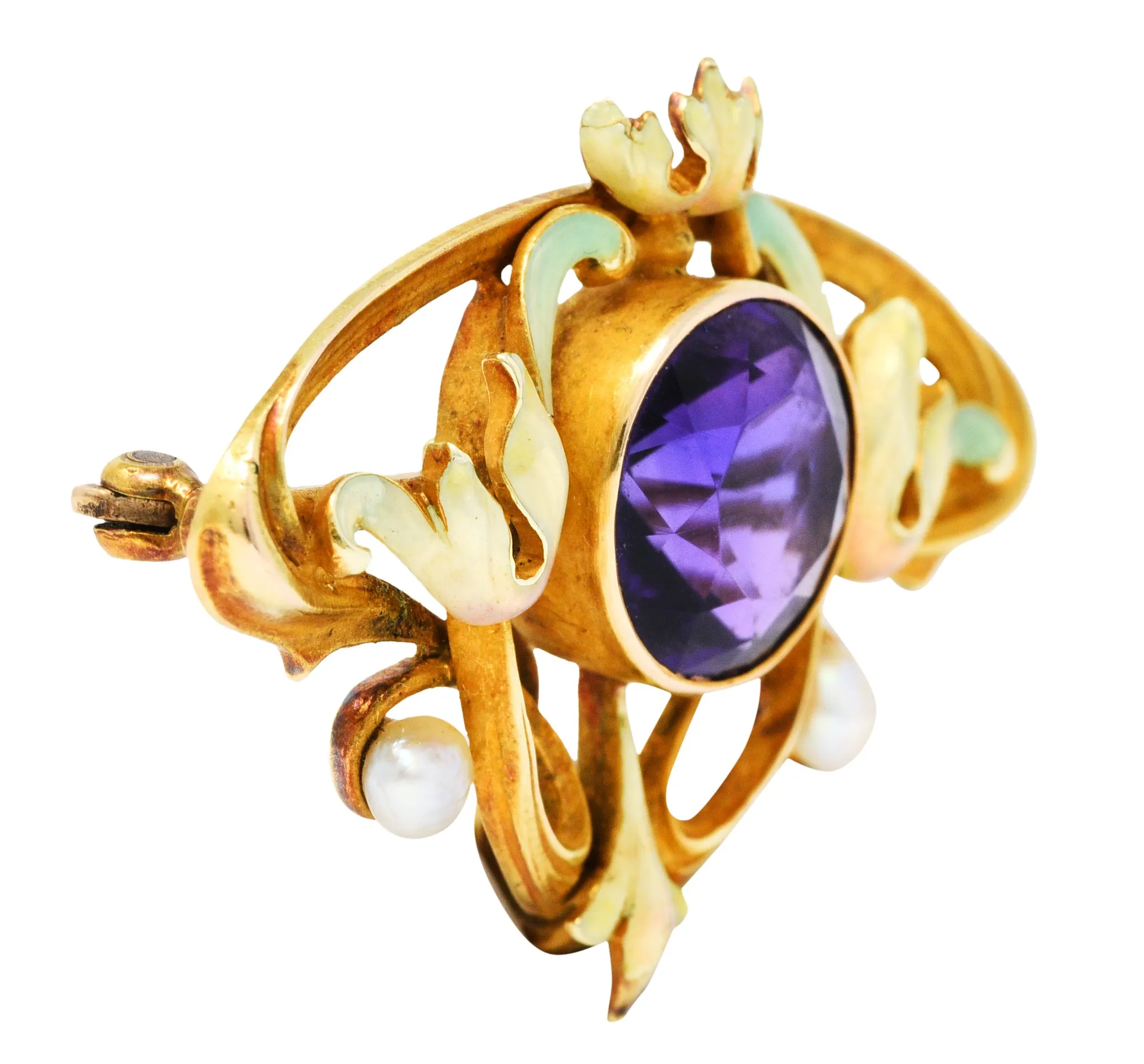 Whiteside & Blank Art Nouveau Amethyst Enamel 14 Karat Gold Brooch