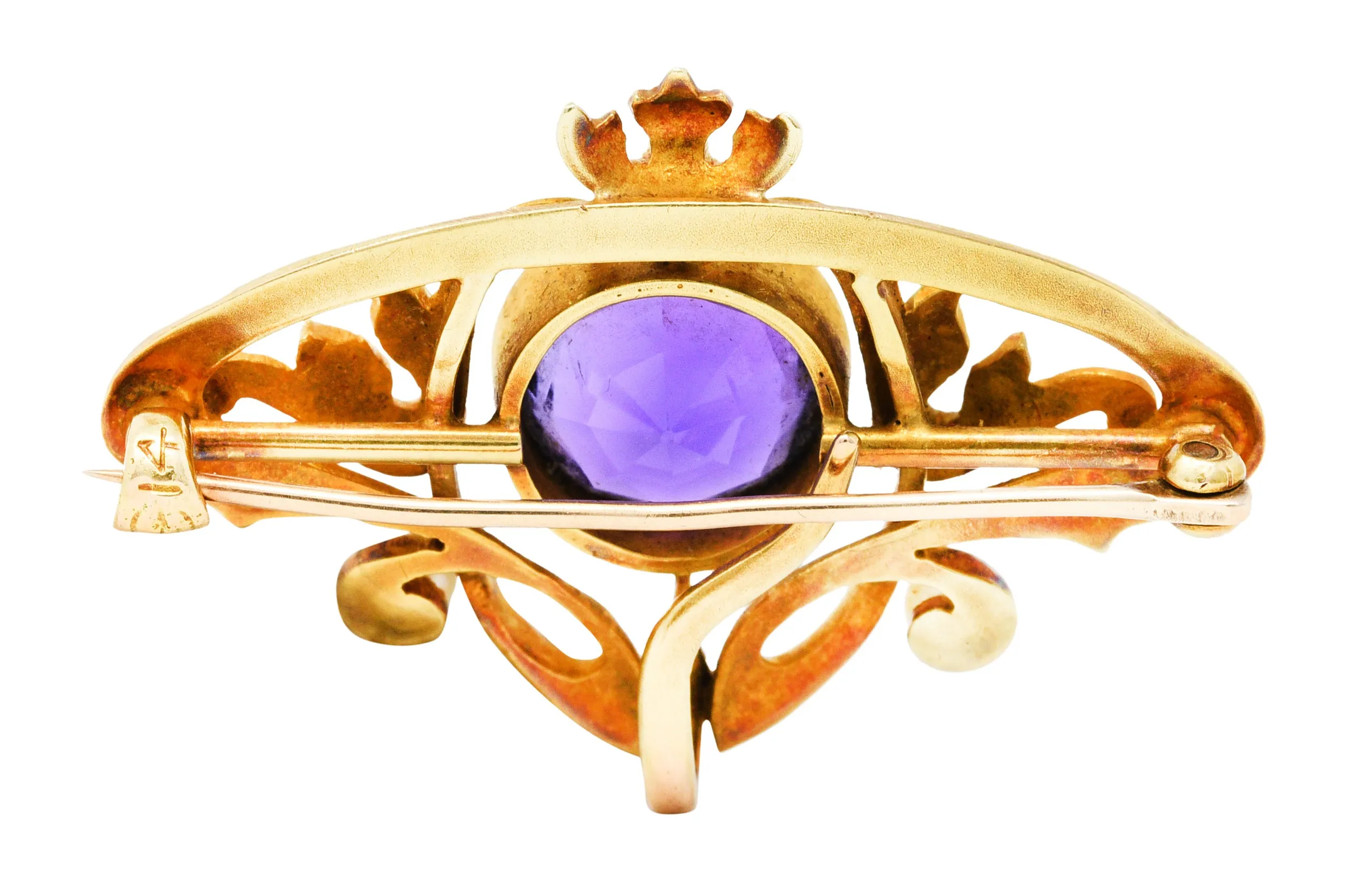 Whiteside & Blank Art Nouveau Amethyst Enamel 14 Karat Gold Brooch