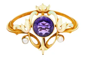 Whiteside & Blank Art Nouveau Amethyst Enamel 14 Karat Gold Brooch