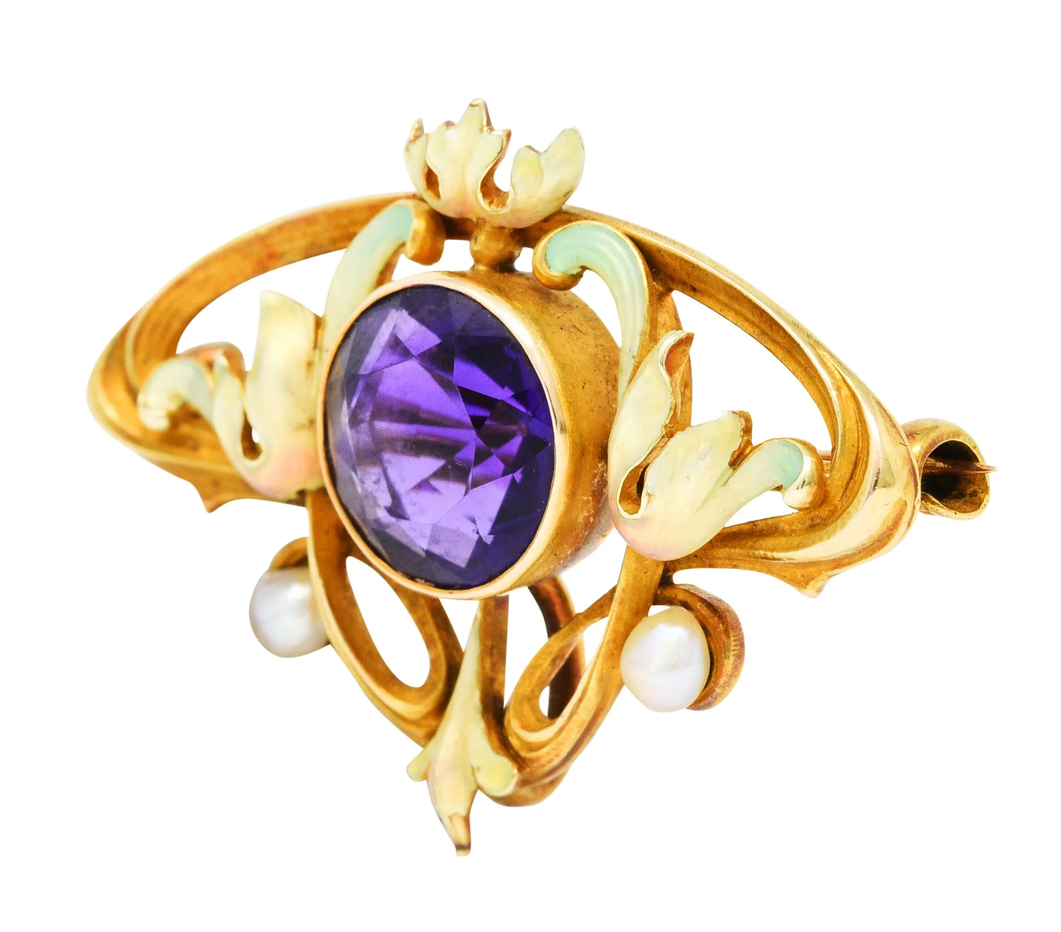 Whiteside & Blank Art Nouveau Amethyst Enamel 14 Karat Gold Brooch