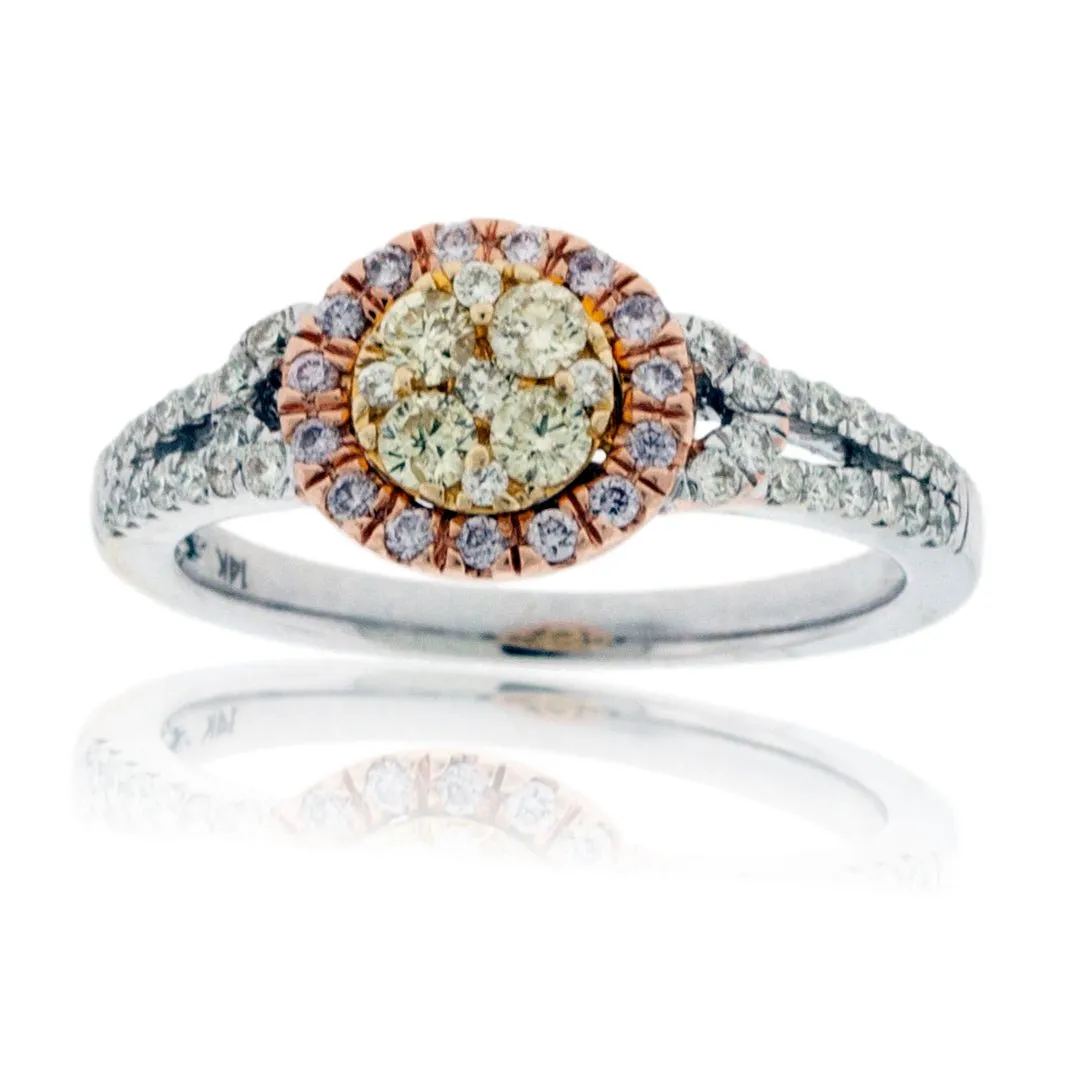 Yellow, Pink, and White Diamond Cluster Engagement Style Ring